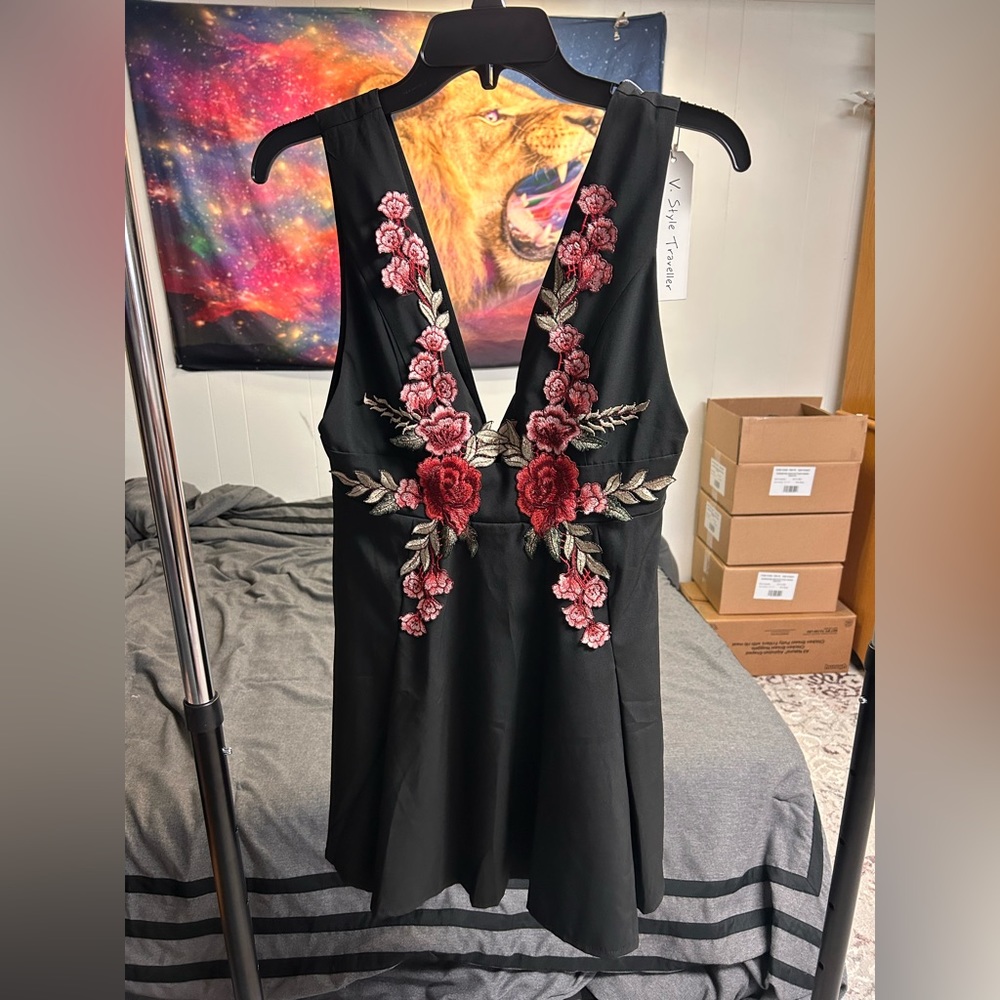 Romantic Rose Black Embroidered Skater Dress